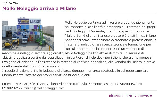 Mollo noleggio: nuova filiale a Milano